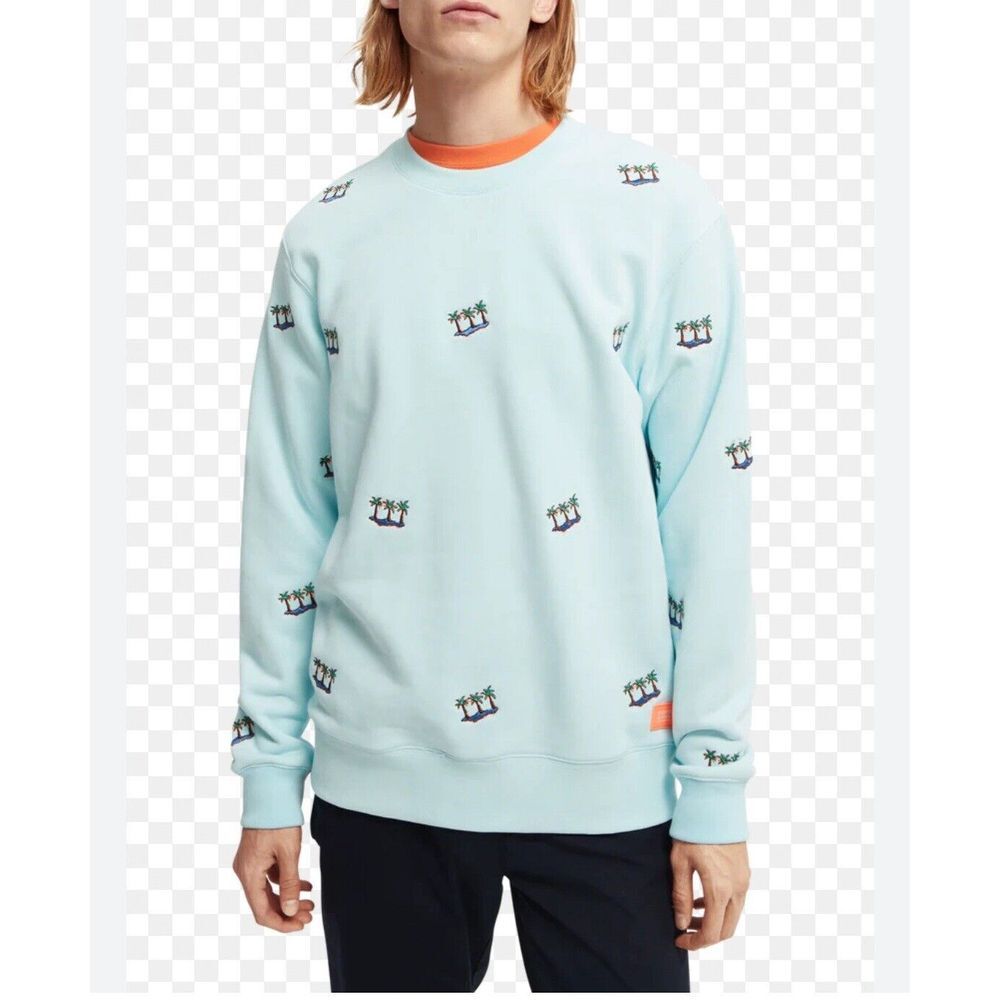 Scotch & Soda Sweatshirt Mens XL Light Teal Mini Palm Tree Embroidered Crew Neck